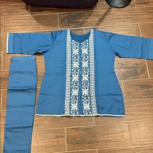 New Blue Embroidered Indian Women's Coat Set